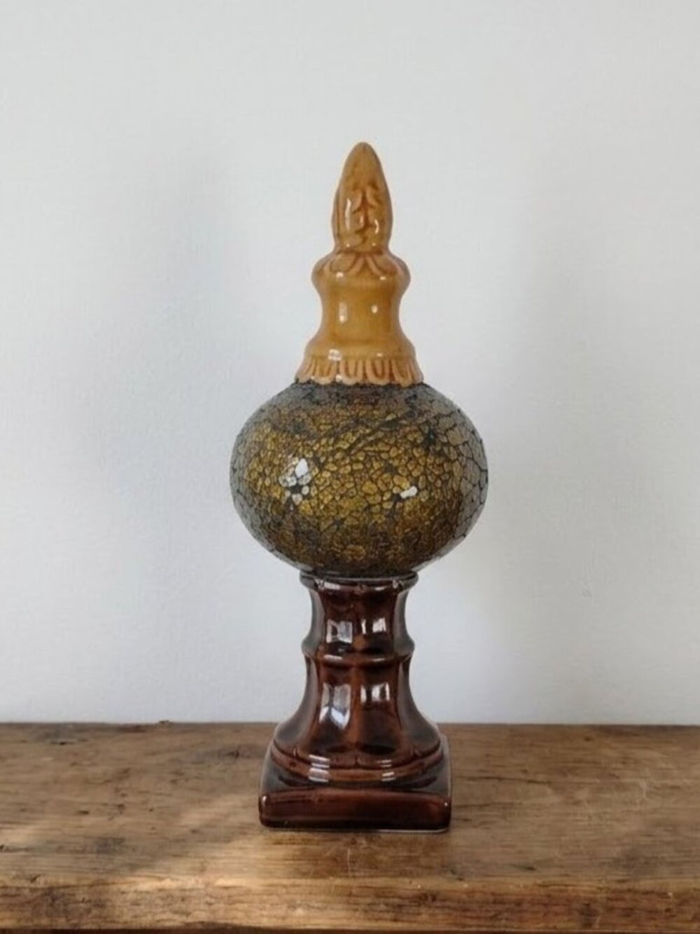 Vintage Crackled Mosaic Glass Ceramic Finial Statue 12.5" Amber Gold Brown Decor
